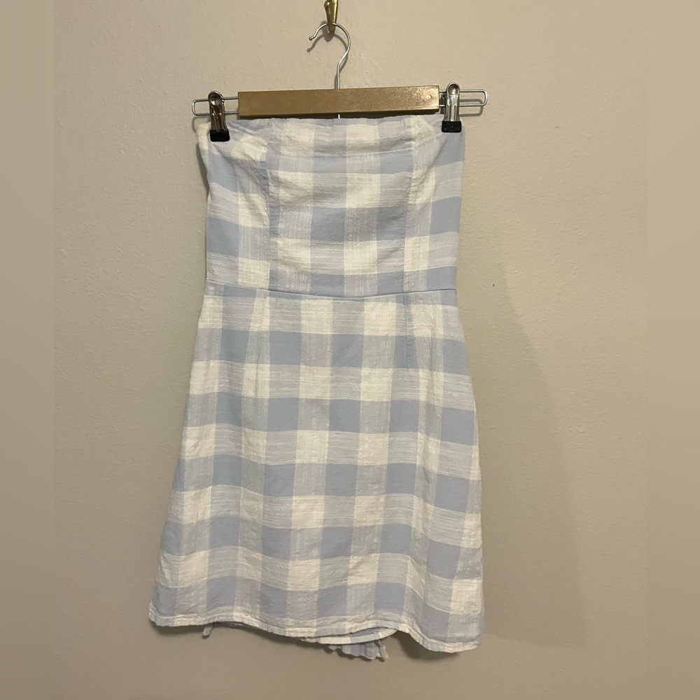 Light Blue and White Gingham Strapless Dress